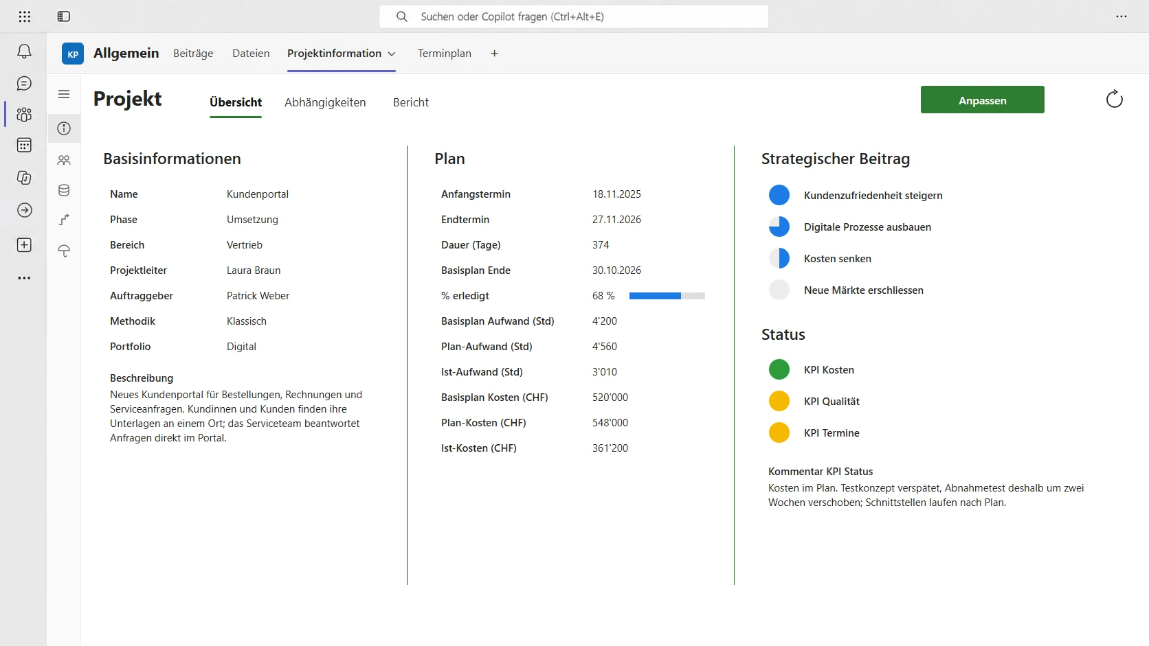 Projekt in Microsoft Teams: Projektinformation mit Plan, strategischem Beitrag und Status